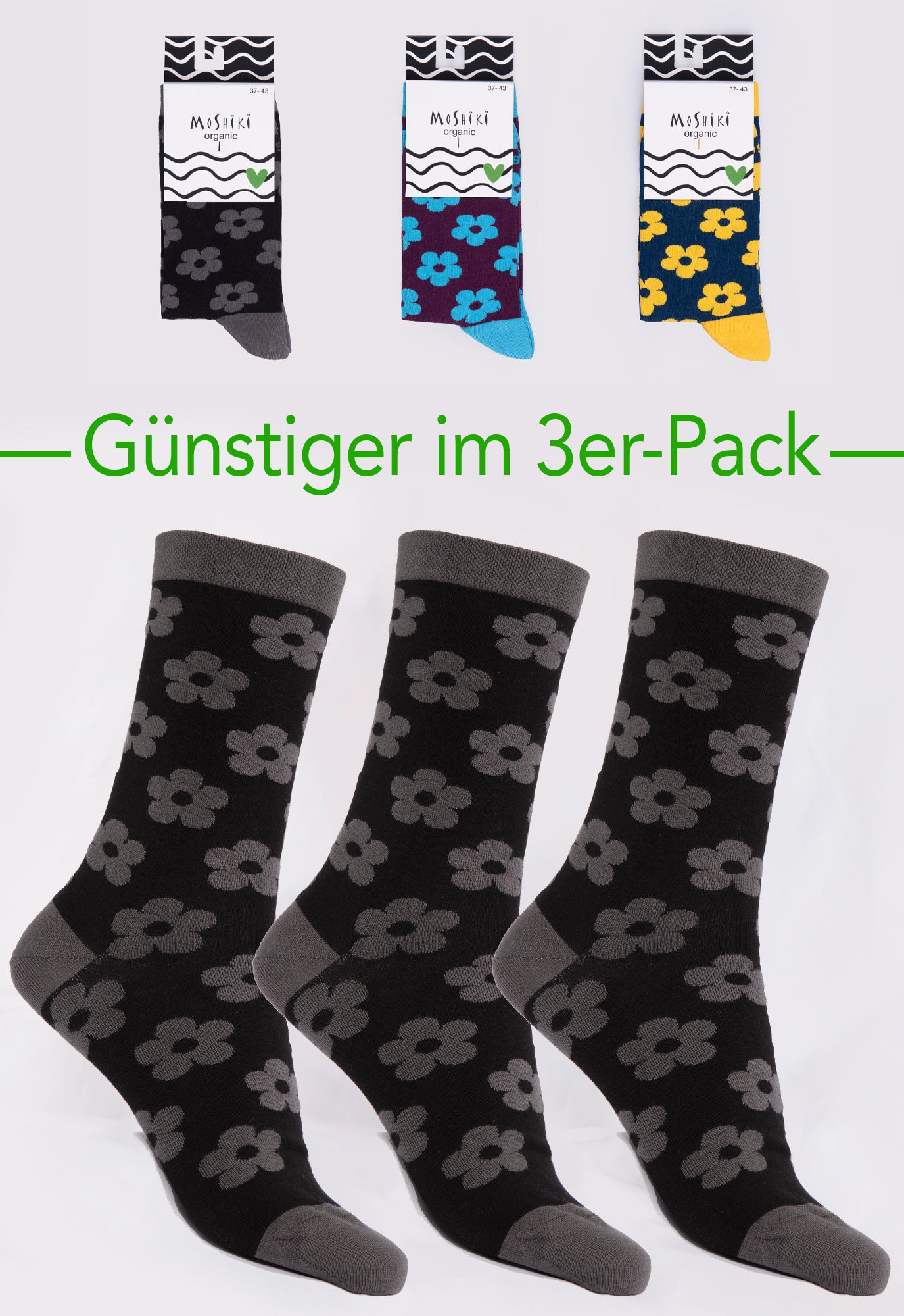 3er Pack Mix - Socken aus Biobaumwollemix - Yofi Tofi Flowers