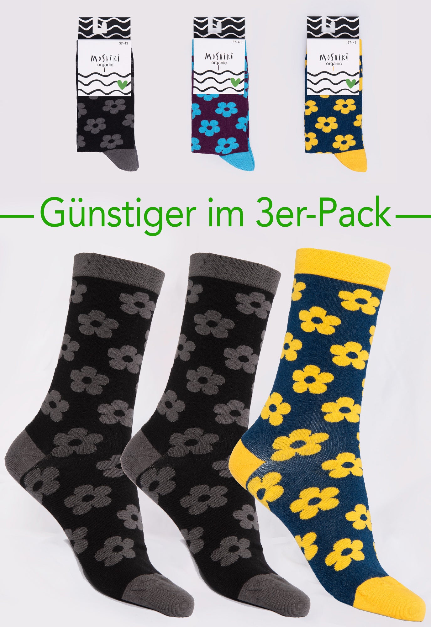 3er Pack Mix - Socken aus Biobaumwollemix - Yofi Tofi Flowers