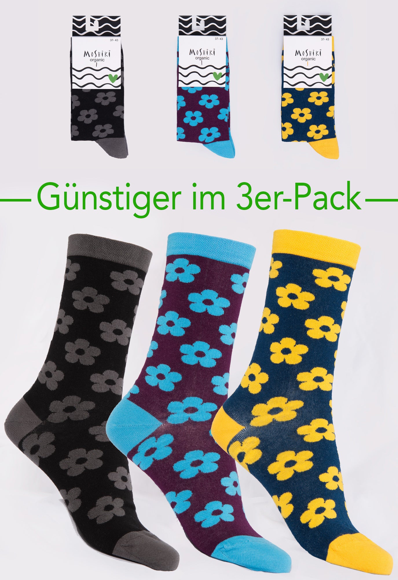 3er Pack Mix - Socken aus Biobaumwollemix - Yofi Tofi Flowers