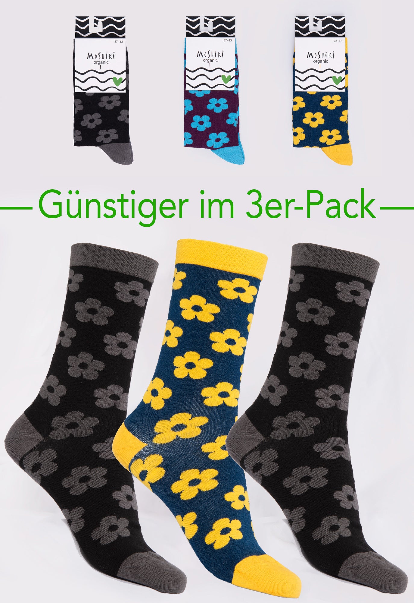 3er Pack Mix - Socken aus Biobaumwollemix - Yofi Tofi Flowers