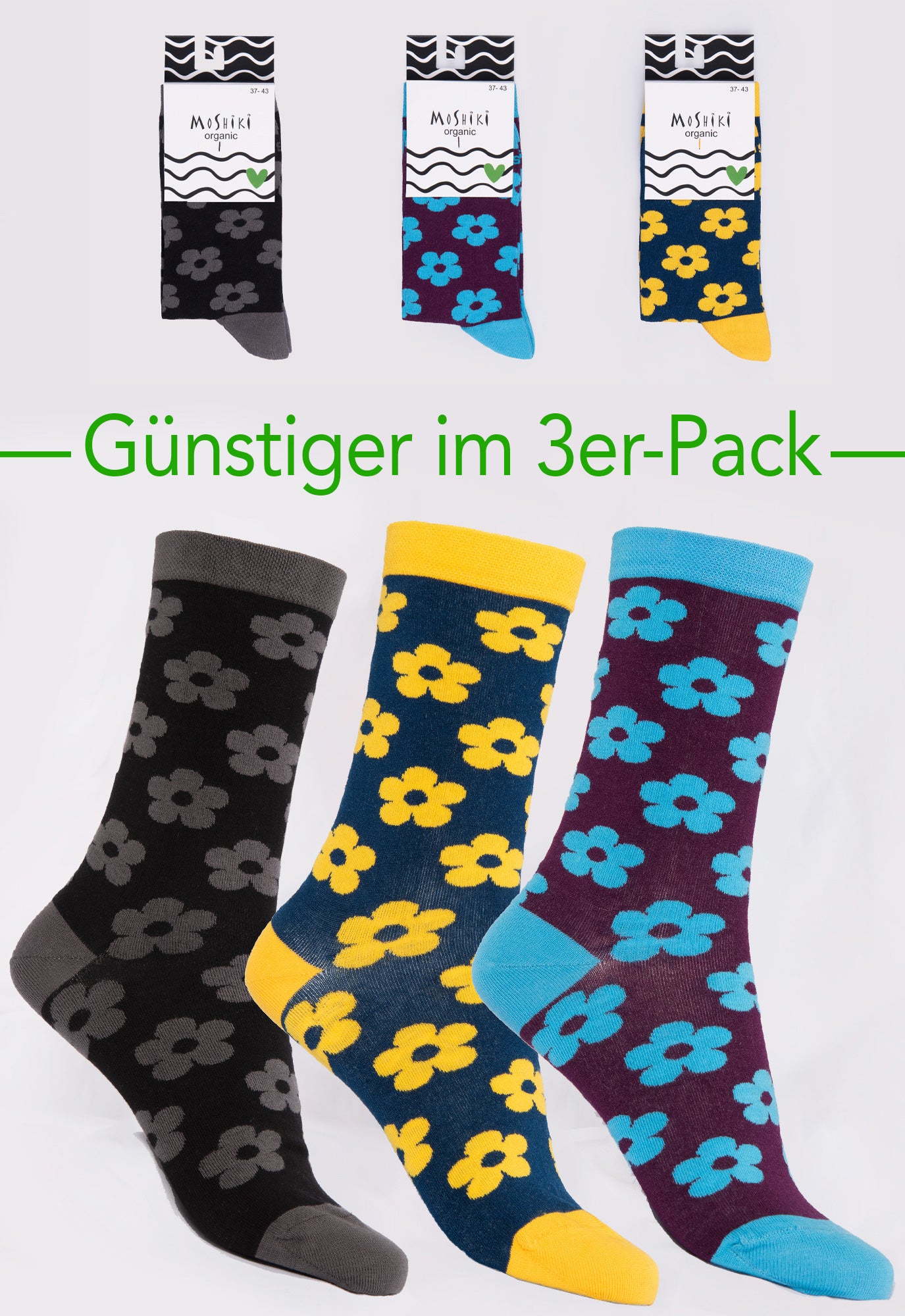 3er Pack Mix - Socken aus Biobaumwollemix - Yofi Tofi Flowers