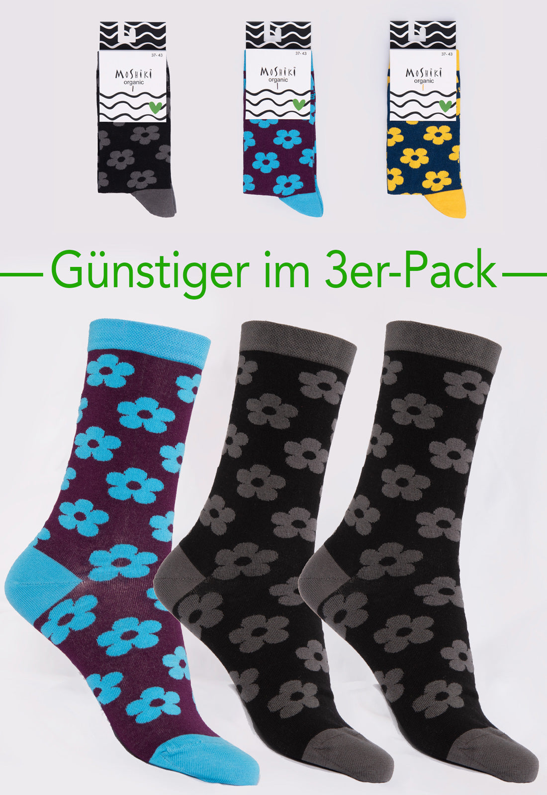 3er Pack Mix - Socken aus Biobaumwollemix - Yofi Tofi Flowers