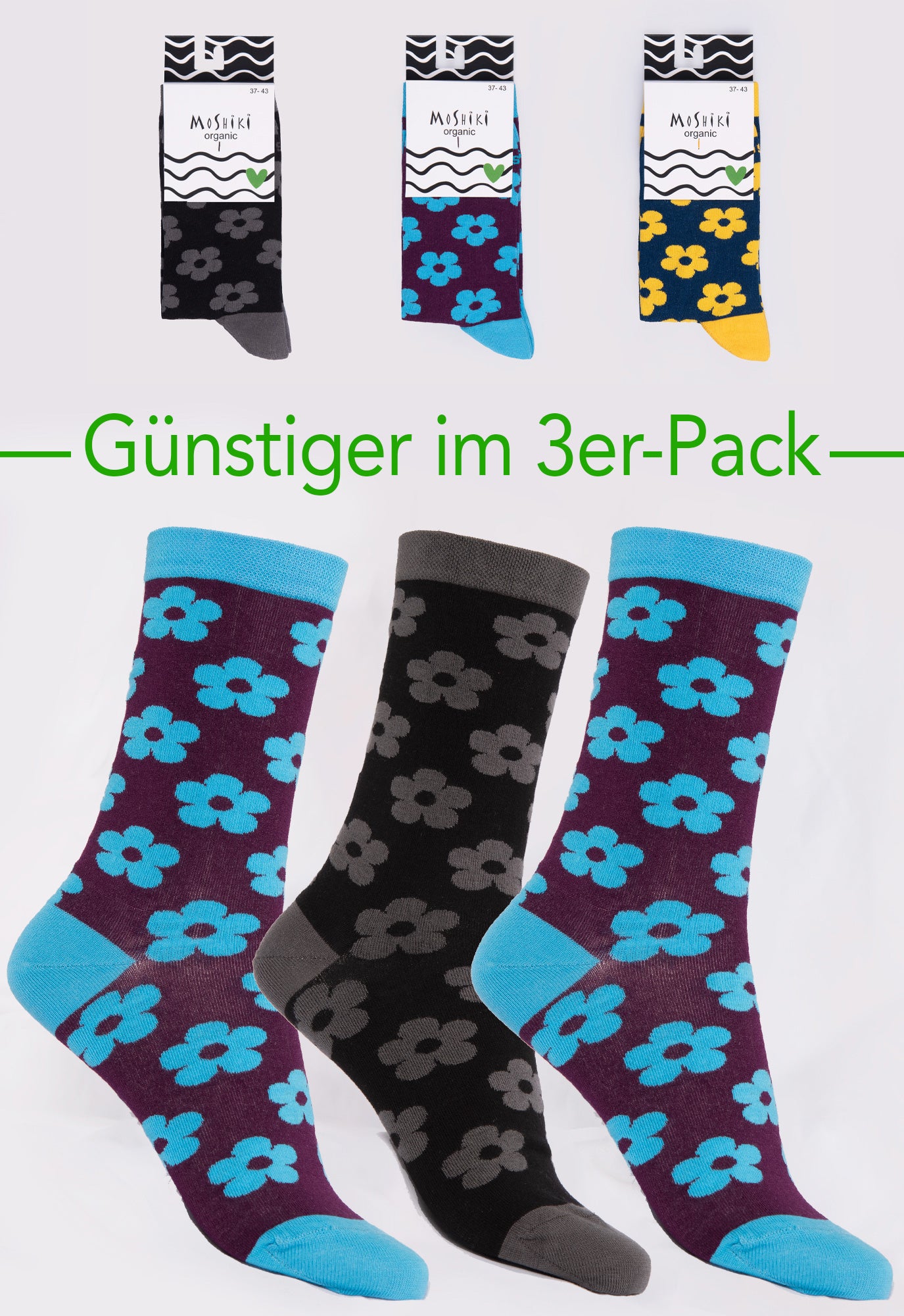 3er Pack Mix - Socken aus Biobaumwollemix - Yofi Tofi Flowers