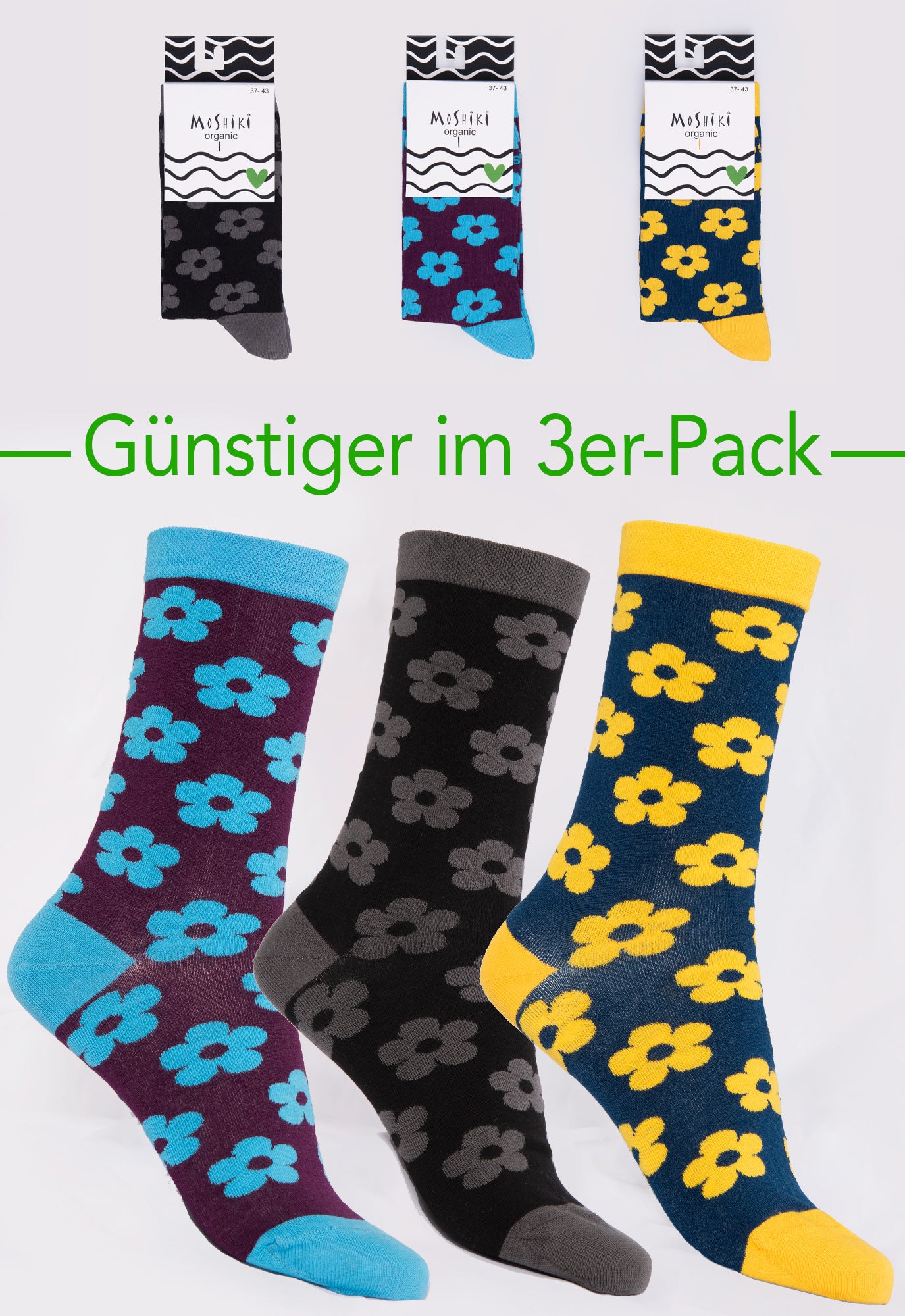 3er Pack Mix - Socken aus Biobaumwollemix - Yofi Tofi Flowers