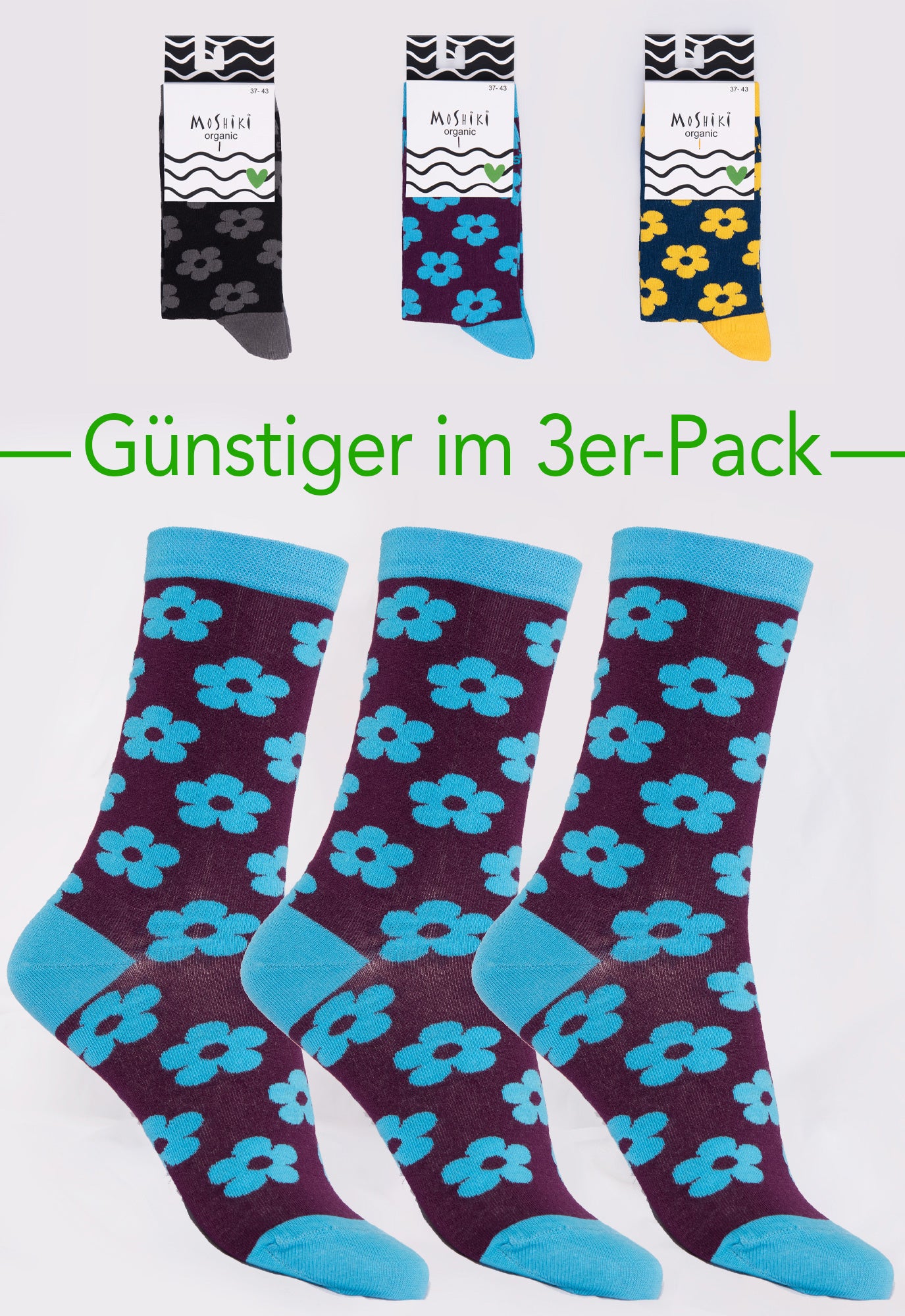 3er Pack Mix - Socken aus Biobaumwollemix - Yofi Tofi Flowers