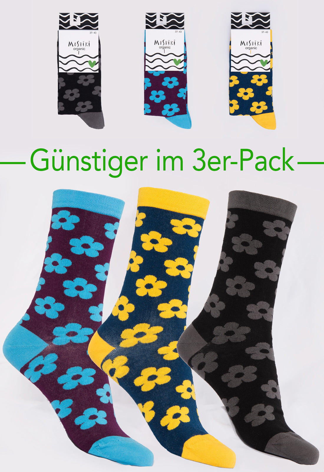 3er Pack Mix - Socken aus Biobaumwollemix - Yofi Tofi Flowers