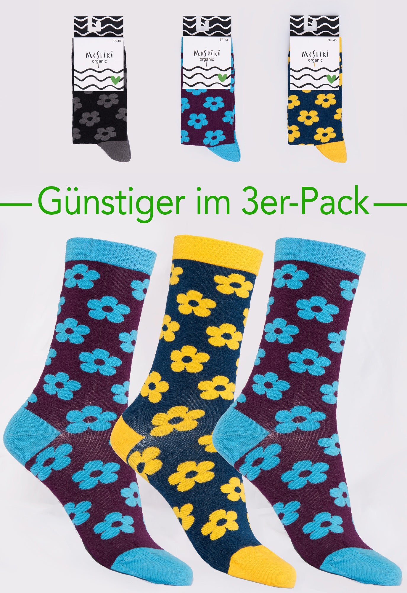 3er Pack Mix - Socken aus Biobaumwollemix - Yofi Tofi Flowers