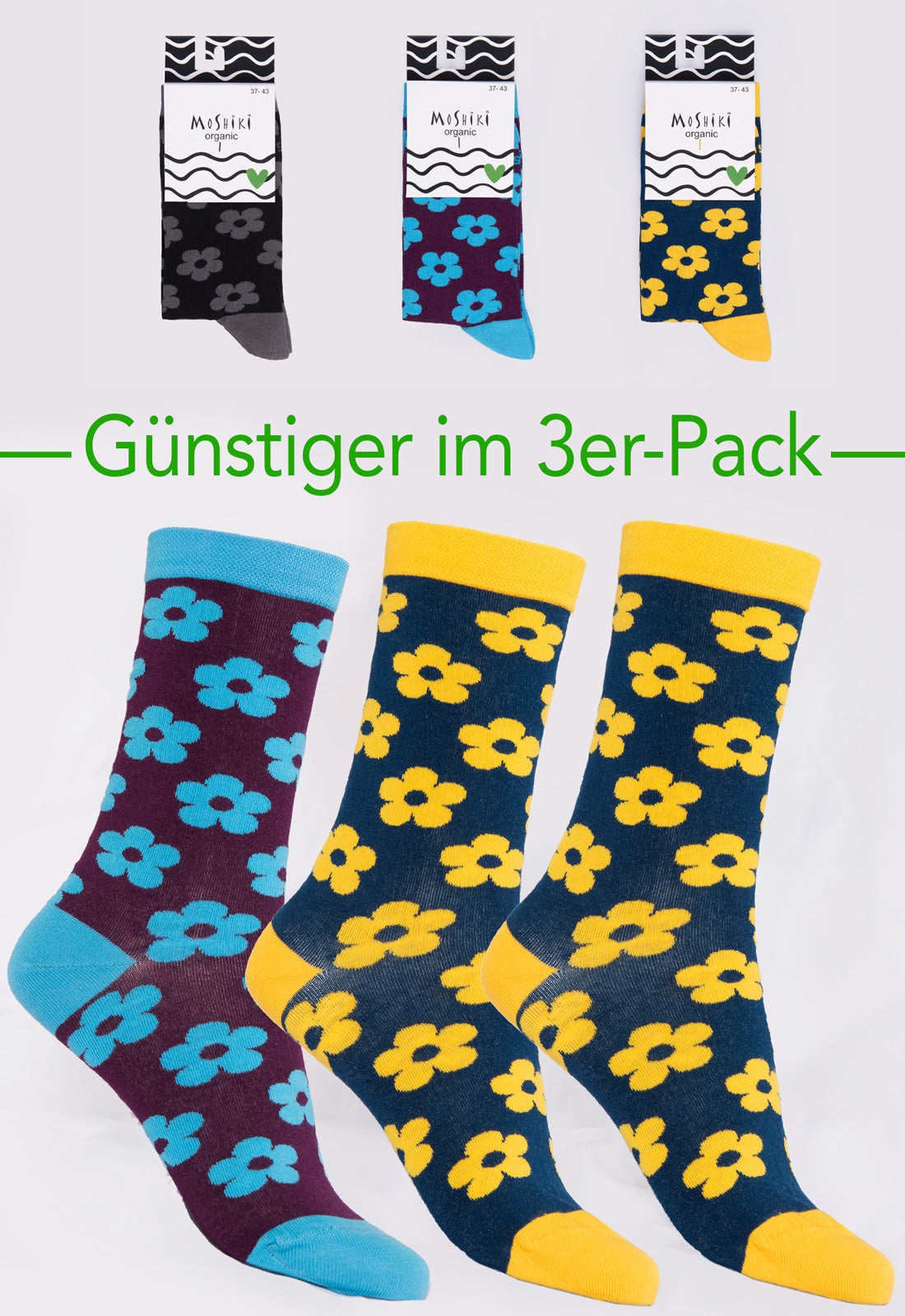 3er Pack Mix - Socken aus Biobaumwollemix - Yofi Tofi Flowers