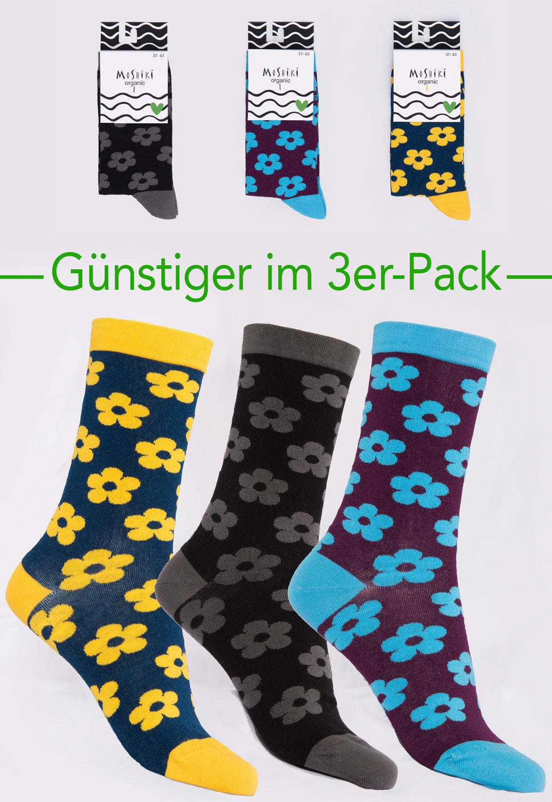 3er Pack Mix - Socken aus Biobaumwollemix - Yofi Tofi Flowers