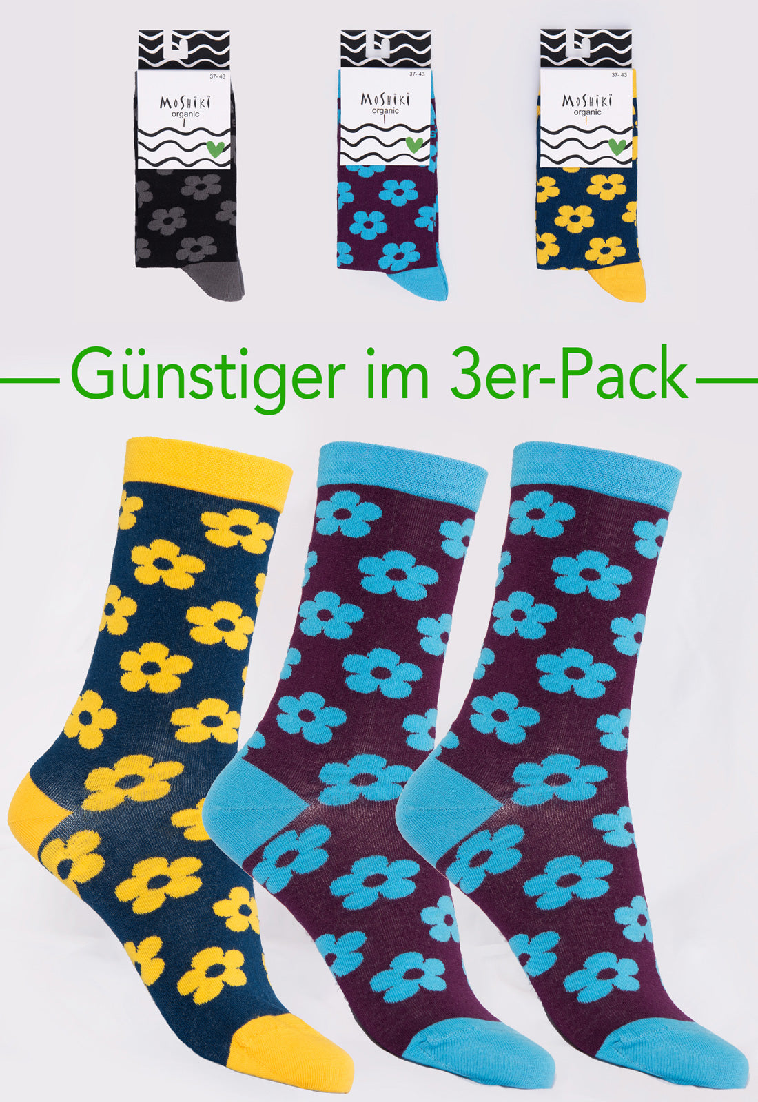 3er Pack Mix - Socken aus Biobaumwollemix - Yofi Tofi Flowers