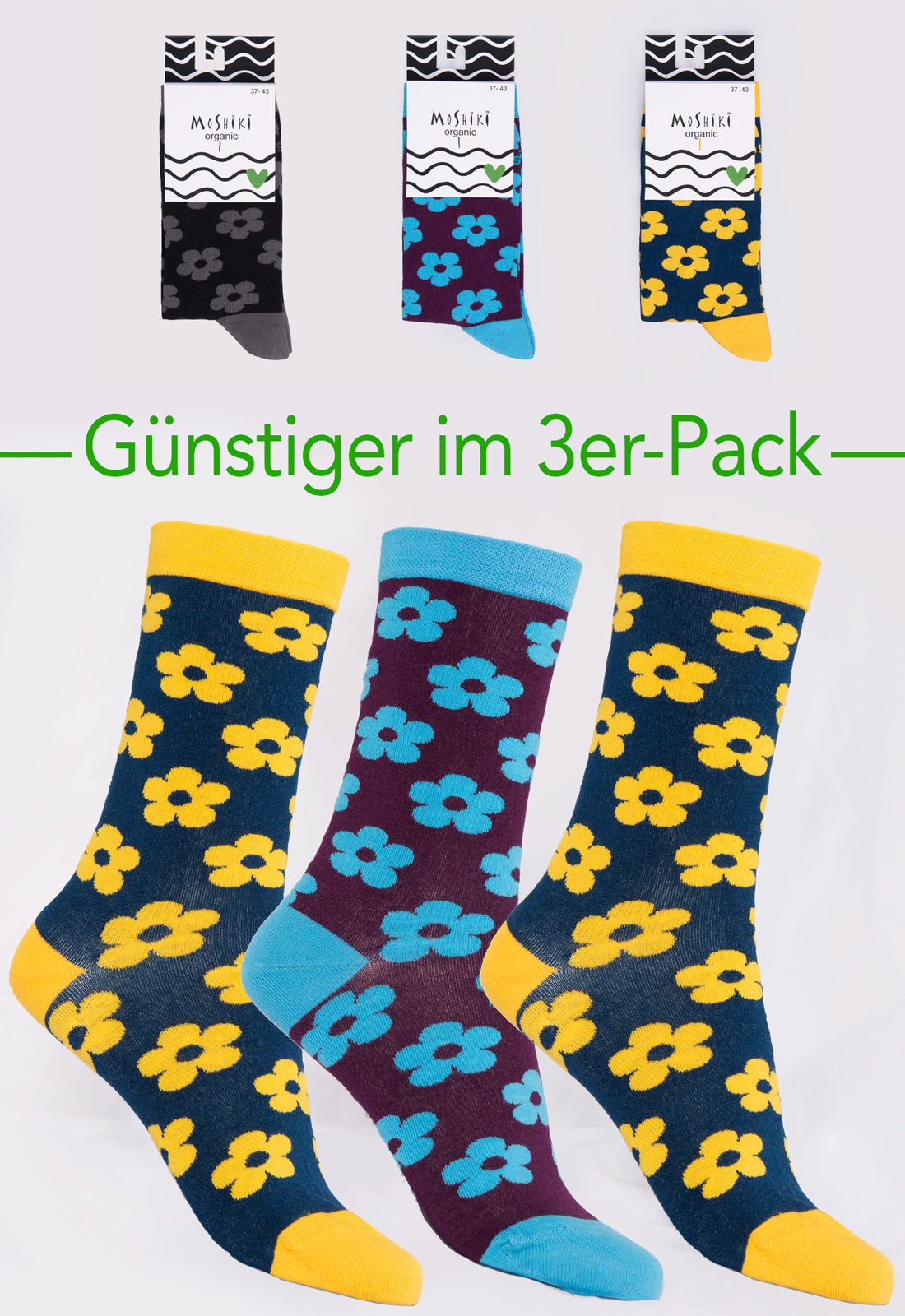 3er Pack Mix - Socken aus Biobaumwollemix - Yofi Tofi Flowers