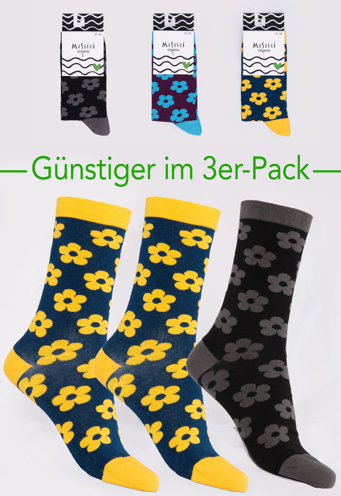 3er Pack Mix - Socken aus Biobaumwollemix - Yofi Tofi Flowers