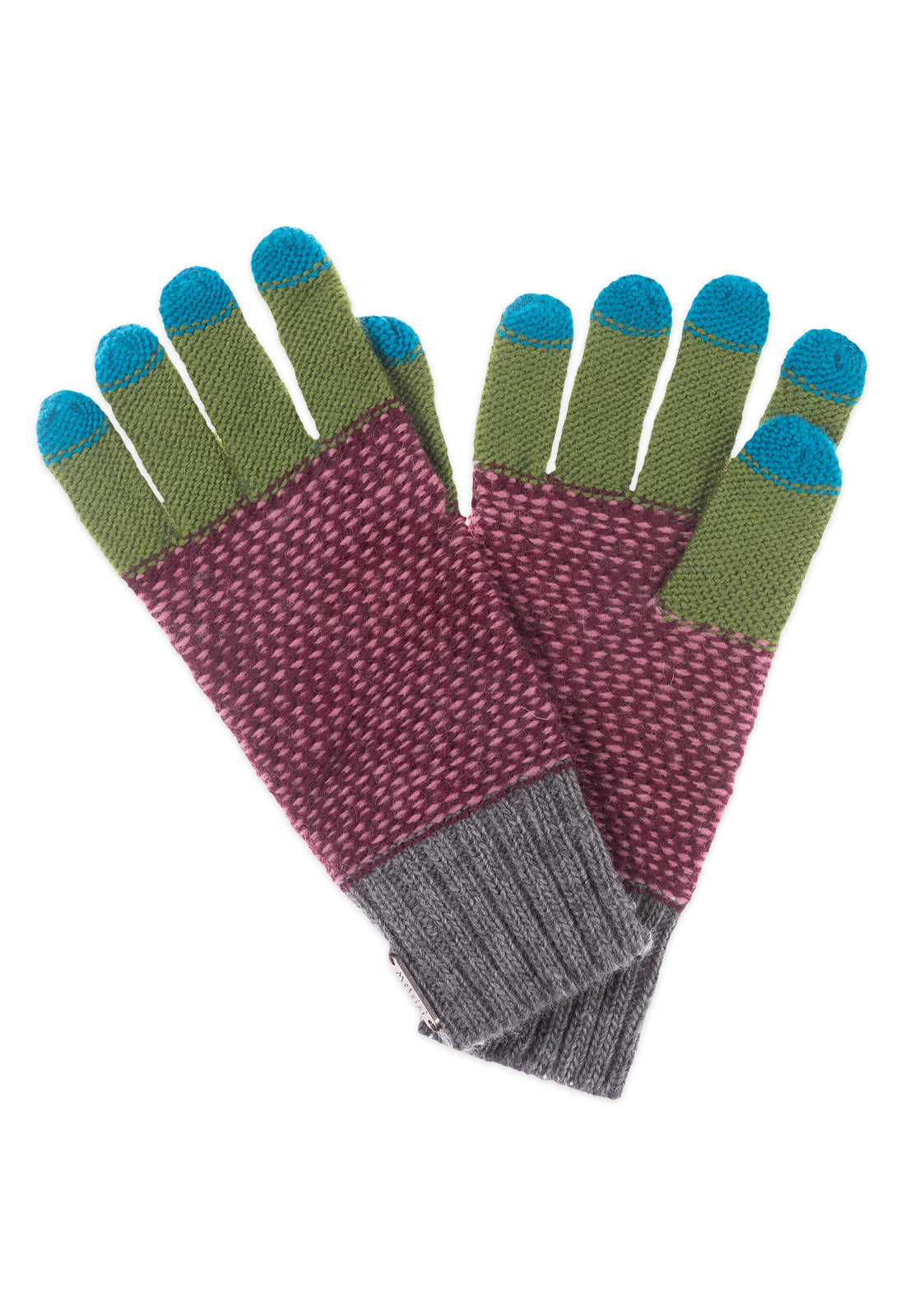 Gestrickte Fingerhandschuhe. Finger haben blaue spitzen, grüne Finger und einen roten Körper. Den Abschluss macht ein hellgraues Rippenstrickmuster am Handgelenk.